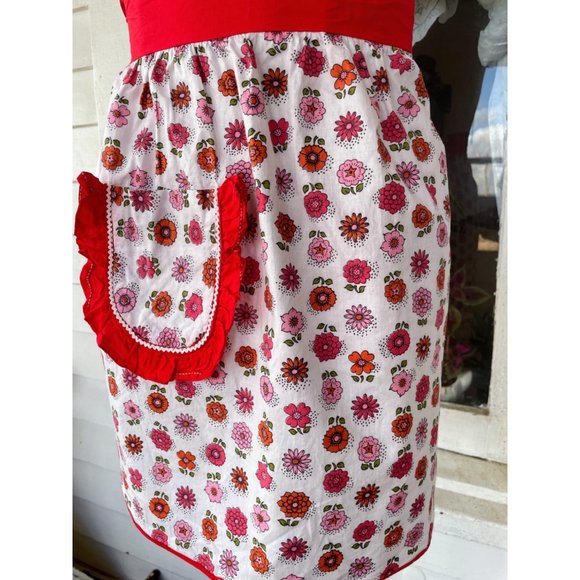Vintage Cotton Red Flower Half Apron Retro - Picture 5 of 6